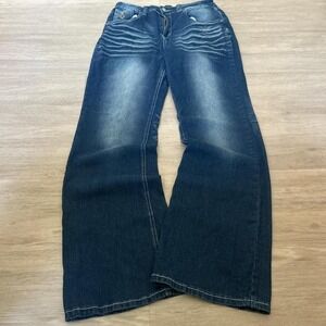 Y2K Dark Wash Flared Bootcut Jeans Crazing Fade Embroidered 26x30